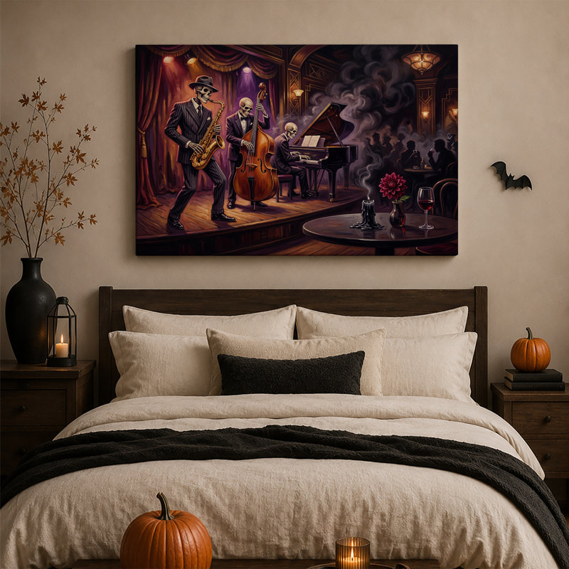 «Skeleton Jazz Trio Performing On Wood Stage» avec art mural d'Halloween sur toile, H 24 po x l 36 po