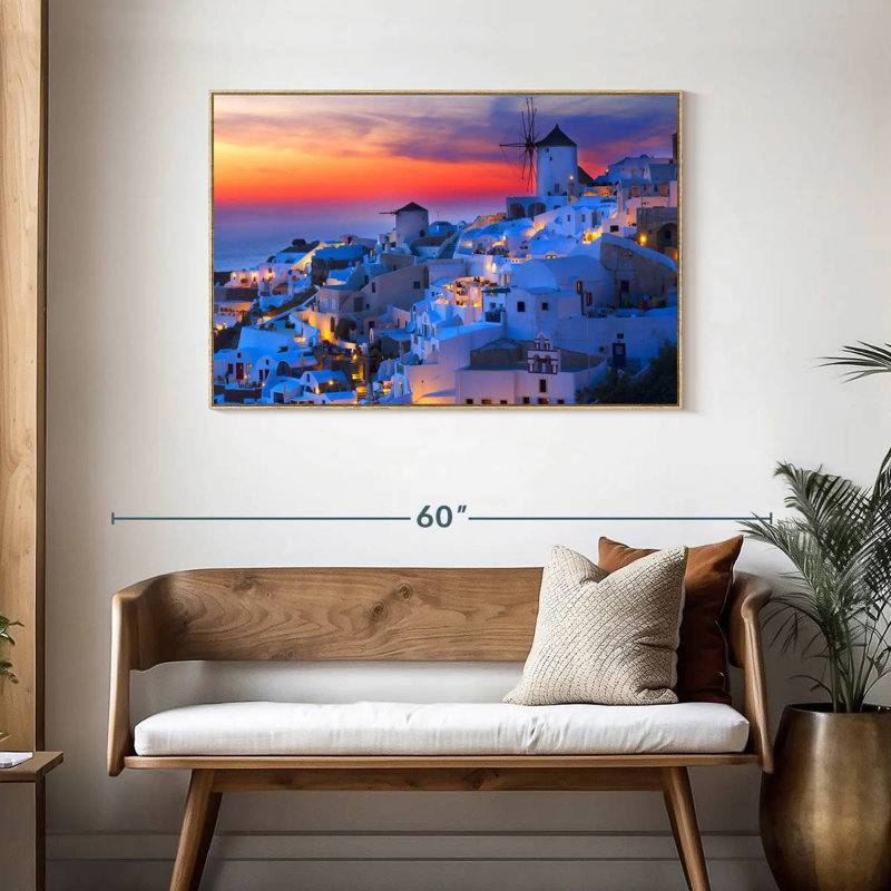 Lumières de Santorin, Cadre flottant en bois naturel, 43 po x 29 po