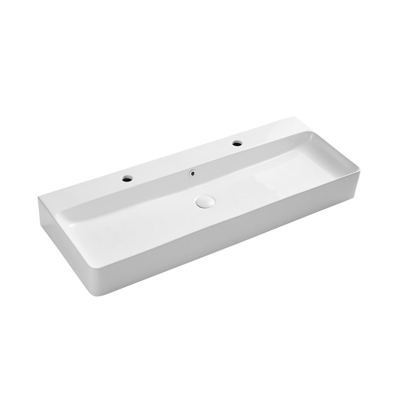 Turner 43" W White Ceramic Rectangular Wall Mount/Vessel Bathroom Sink with Two Faucet Holes