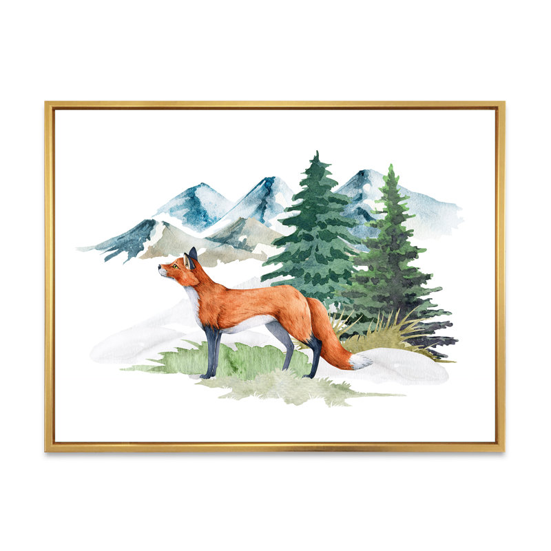 Red Fox in Winter Forest Landscape - peinture sur toile, H 12 po x l 20 po, Toile à cadre flottant doré