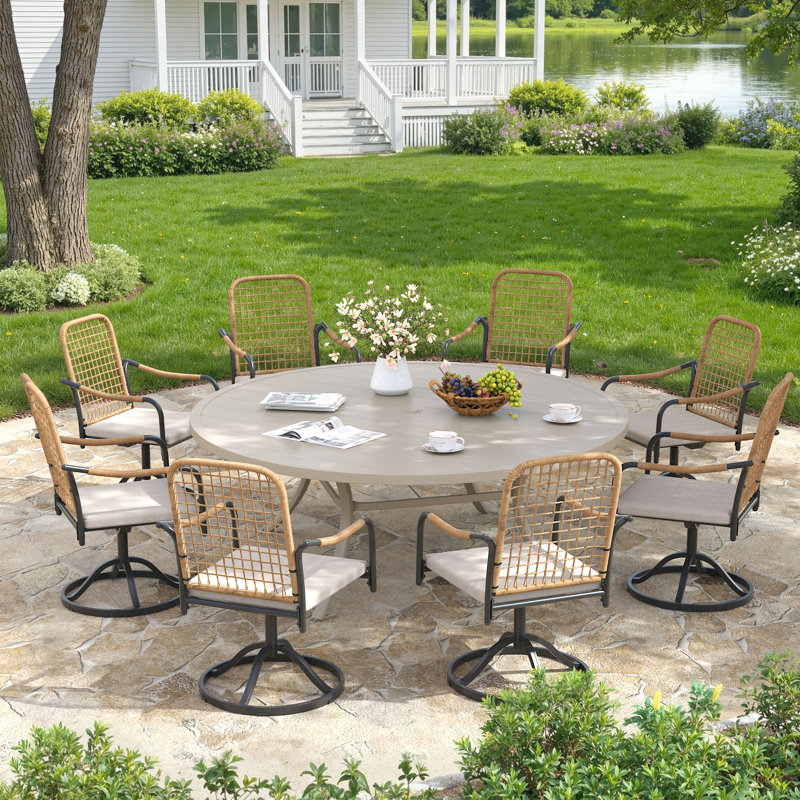 Ensemble repas pour 8 personnes avec fauteuil pivotant en rotin pour l'extérieur, Crème / crème