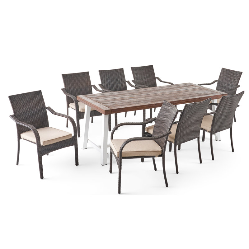 8 - Person Acacia Wicker Patio Dining Set with Rectangular Table , Cushions Included