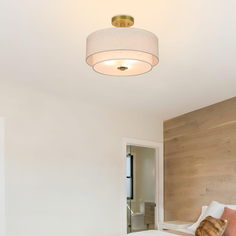 Luminaire plafonnier semi-encastré à 3 lumières avec abat-jour en laiton doré rétro