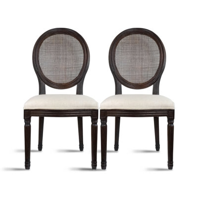 French Country Dining Chairs | Upholstered Linen Padded Fabric with Rustic Dark Brown Wooden Frame | Farmhouse Oval Rattan Back Side Chair For Kitchen, Wedding Chairs, Ivory Off White