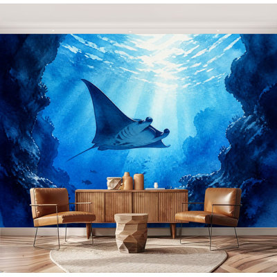 Wall Mural Peel and Stick Manta Underwater Coral sea Underwater Reefs Blue Ocean Majestic Large Wallpaper Self-Adhesive Removable Contact Paper Wall Decor for Living Room Bedroom Nursery 69"H x 96"W