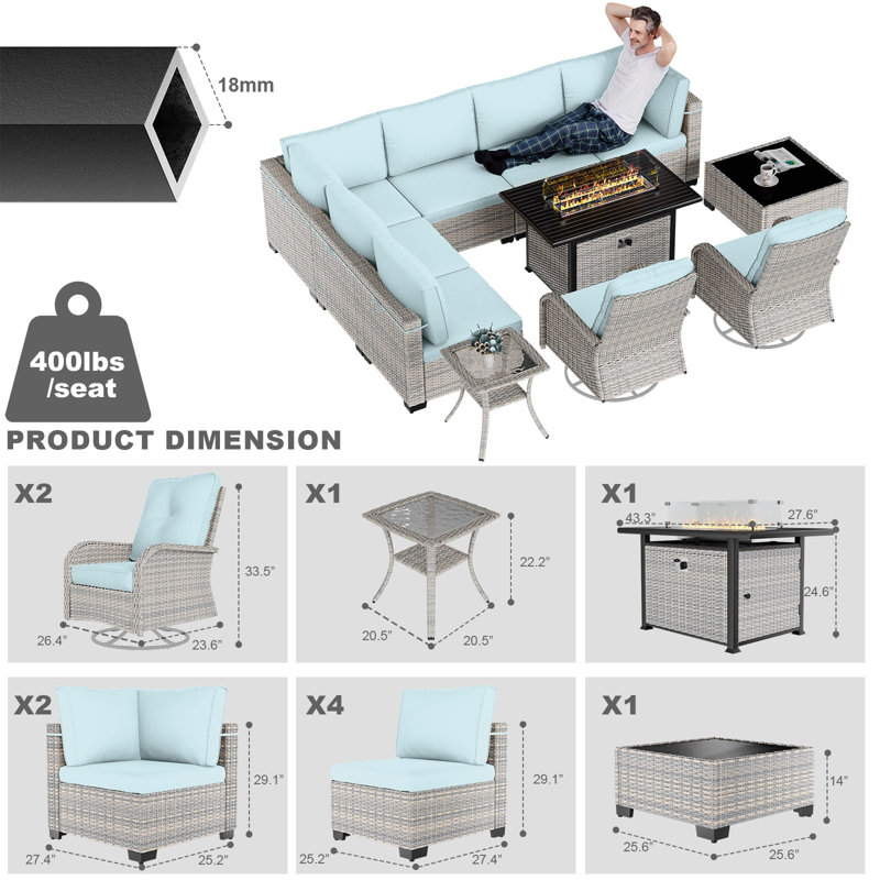 11-Piece Patio Furniture Set, Outdoor Patio Furniture with 55,000 BTU Fire Pit Table, Swivel Chairs Set, Thick Cushions, Modular Patio Sofa, Dual-Strand Wicker Rattan, Rust-Resistant Frame