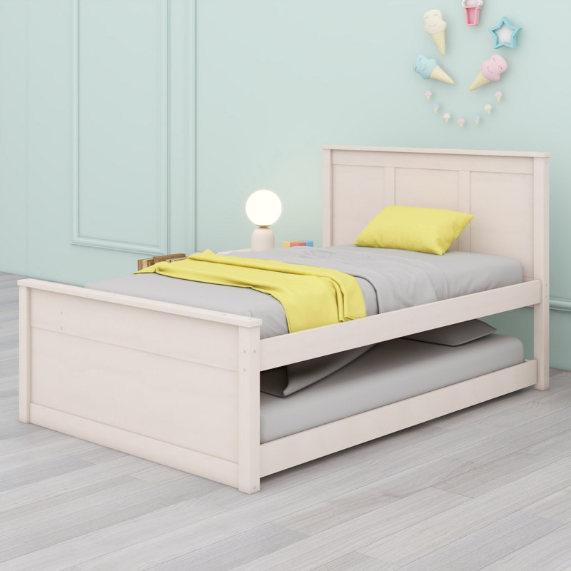 Lit plateforme en bois robuste avec lit gigogne et tablettes de rangement durables, Lit simple, Cream White