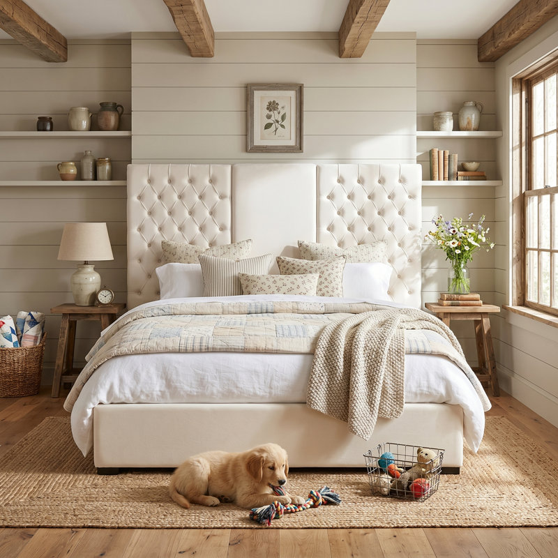 63.58" Tall King Velvet Upholstered Platform Bed Frame with Button Tufted & 2 Storage Drawers, No Box Spring Needed, Cream