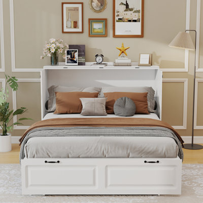 Lit escamotable double avec grand tiroir de rangement et station de charge, blanc