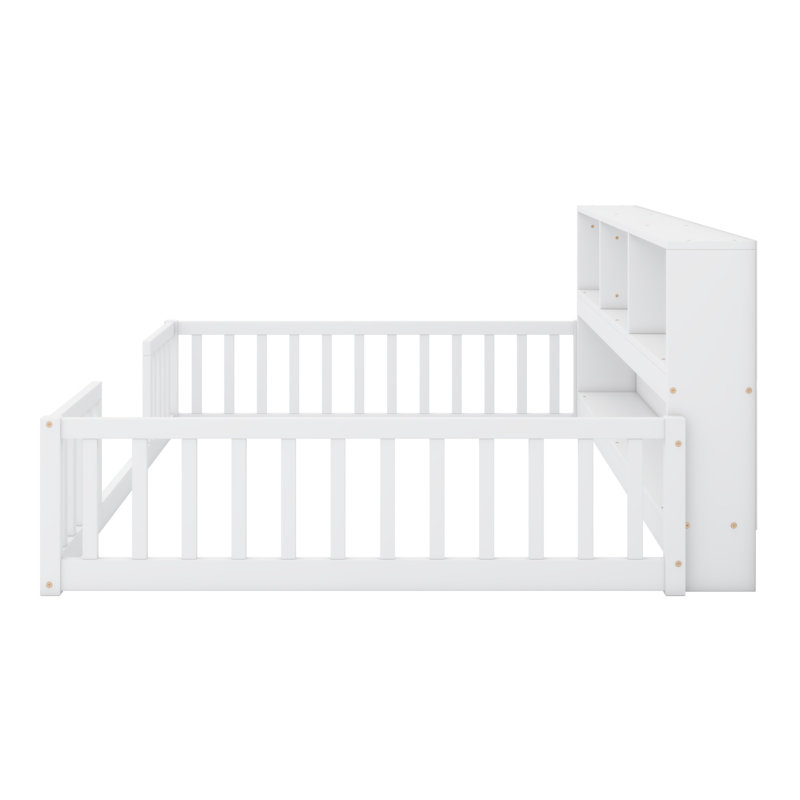 Floor Bed With Side Bookcase,Shelves,Guardrails