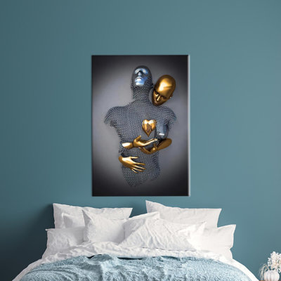 Modern Metallic Couple Canvas Art Presenting Embracing Couple Design Ideal for Unique Wedding Gift