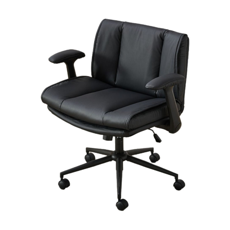 Genuine Leather Cross-leg Chair With Flip-up Armrests, Casters, And Cross-leg Base Ideal For Home Offices, Dressing Rooms, And Lounge Areas Black