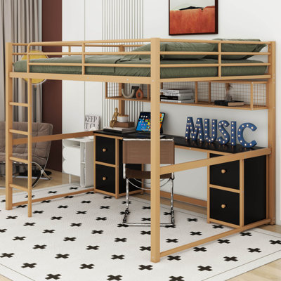 Alekper Full Size Metal Loft Bed with Desk, Drawers and Bedside Tray