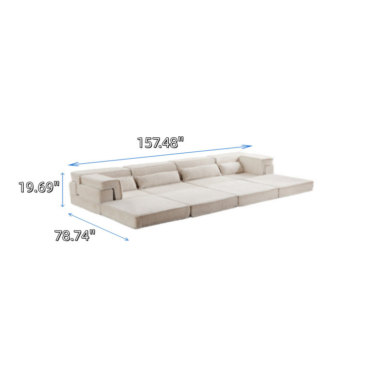 Très grand canapé à quatre places avec quatre coussins et un design sans os, Blanc
