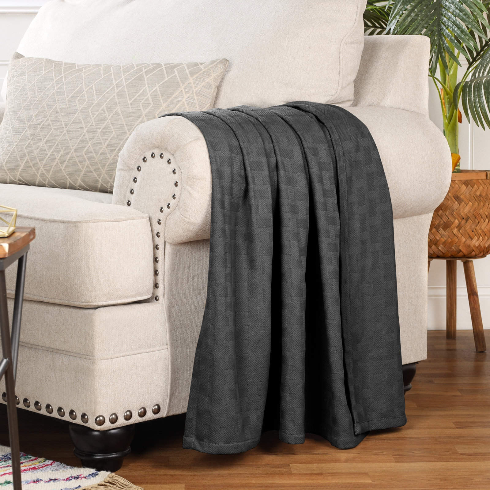 Bertie Cotton Throw Blanket, Charcoal, Throw