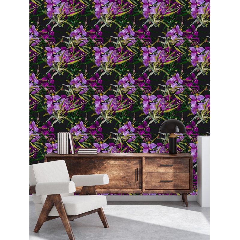 Papier peint floral mauve, L 25 po x L 125 po