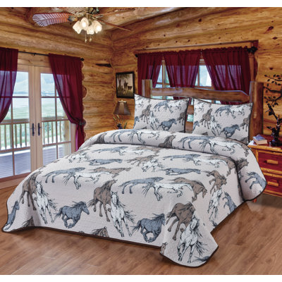 Drawn Wild Horses Western Mustang Country Farmhouse White Grey & Brown Decorative Quilt Bedding Set
