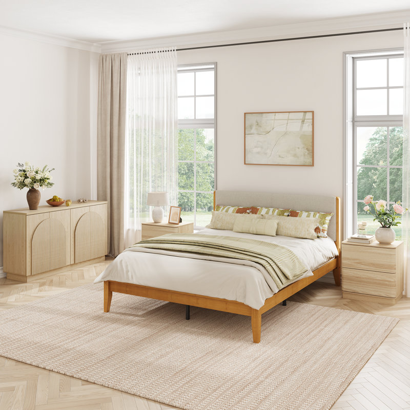Natural Bamboo Mortise-and-tenon Upholstered Bed, Brown, Queen