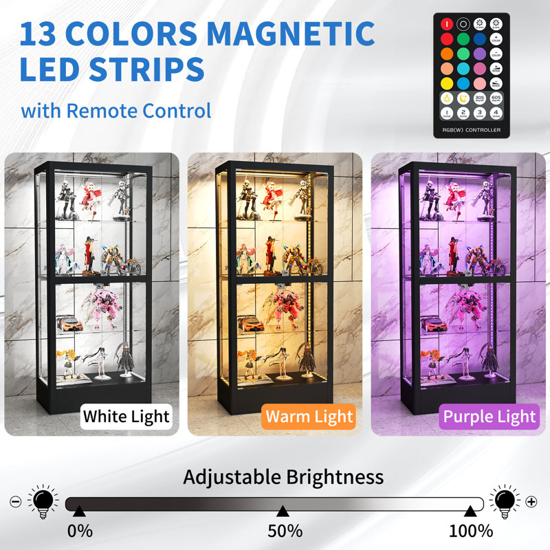 63" Freestanding 4-Sided Glass Display Cabinet With Magnetic LED Light Strip, Black