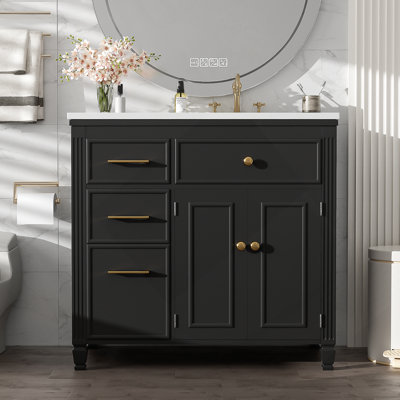 Meuble-lavabo de salle de bain avec lavabo, tiroir basculant, tiroirs latéraux, tablette réglable, idéal pour organiser les articles de salle de bain essentiels et améliorer la fonctionnalité.