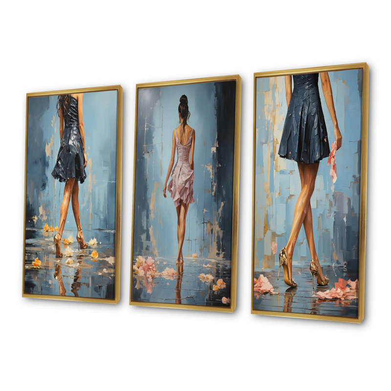 Glamour Gait, peinture de femme, talons I, Cadre flottant doré, H 40 po x l 60 po