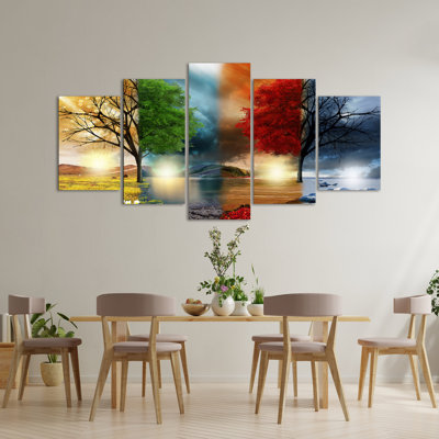 Landscape Four Stations Of The Year Red Trees - 5 Piece No Frame Print on Canvas