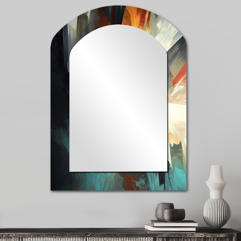 Orange And Blue Abstract Mixed Colors I - Minimalism Asymmetrical Large Mirror, Modern Arch Decorative Wall Mirror, Printed Metal Art
