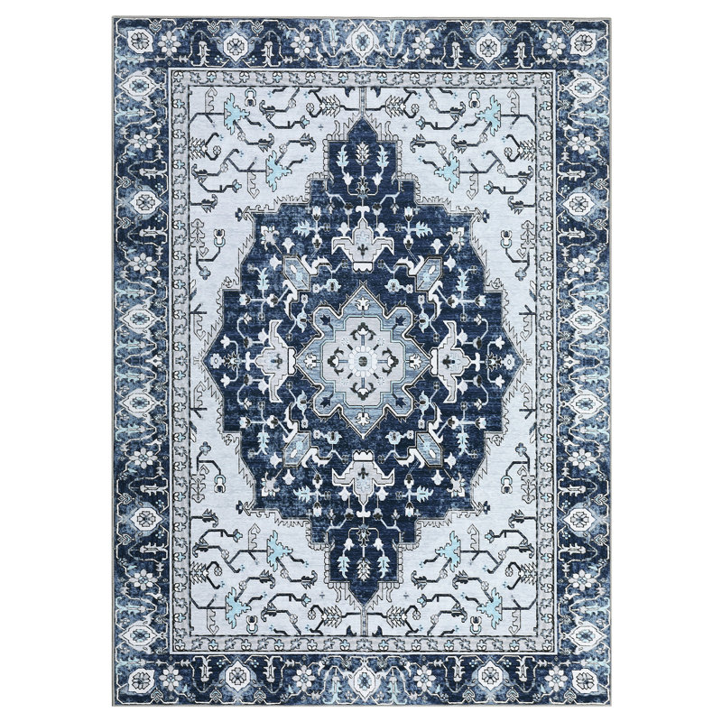 Washable Boho Vintage Distressed Area Rug, Low Pile Non Slip Foldable Printed Indoor Carpet, Belgian Velvet, Dark Blue Tone, 3'x5'