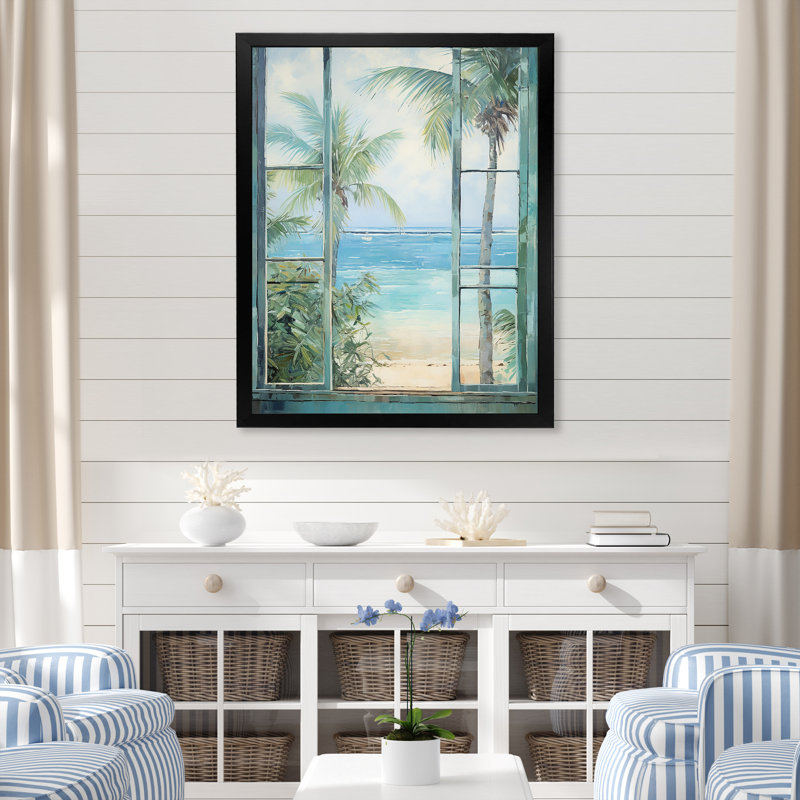 «Tropical beach Windows horizon I» - Impression sur toile côtières, H 32 po x l 24 po x P 1 po, Cadre simple noir