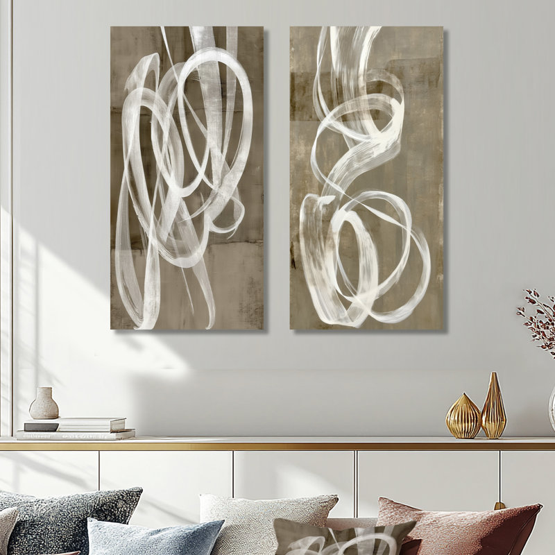 Blanc et gris abstrait moderne tourbillon de brosse II - ensemble d'art mural en métal surdimensionné géométrique surdimensionné