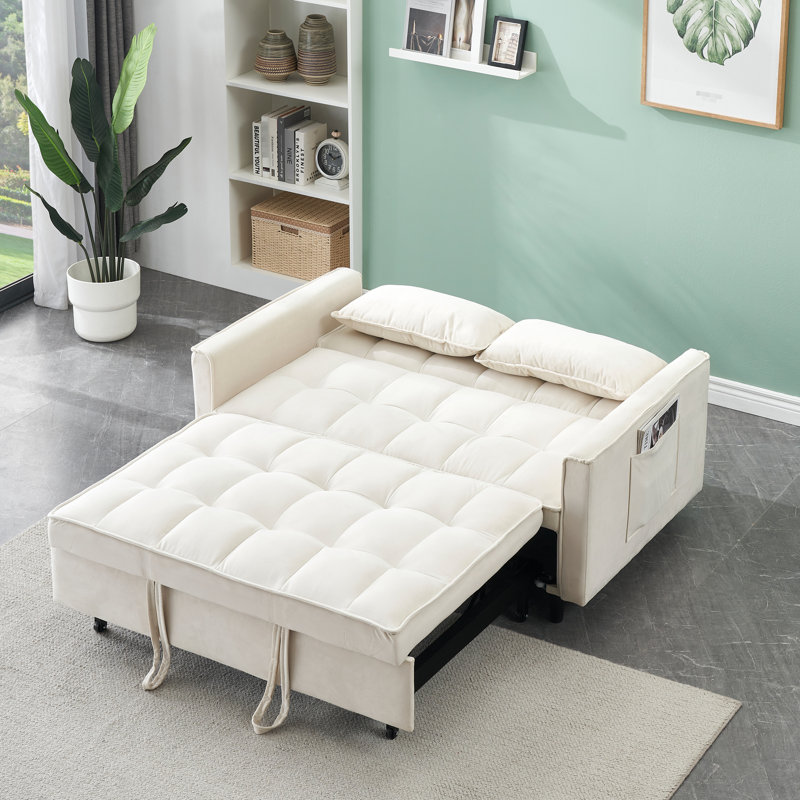 Lit escamotable en velours, coussins confortables, pour chambres d'amis, lit de salon convertible 3 en 1 beige, rembourrage en éponge, pieds en métal, 2