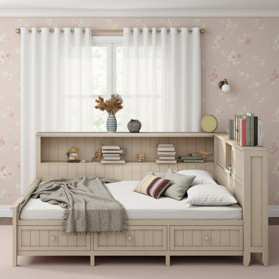 Farmhouse Daybed with Storage Shelves & 3 Drawers - Solid Wood Frame, Antique White Finish, No Box Spring by Red Barrel Studio