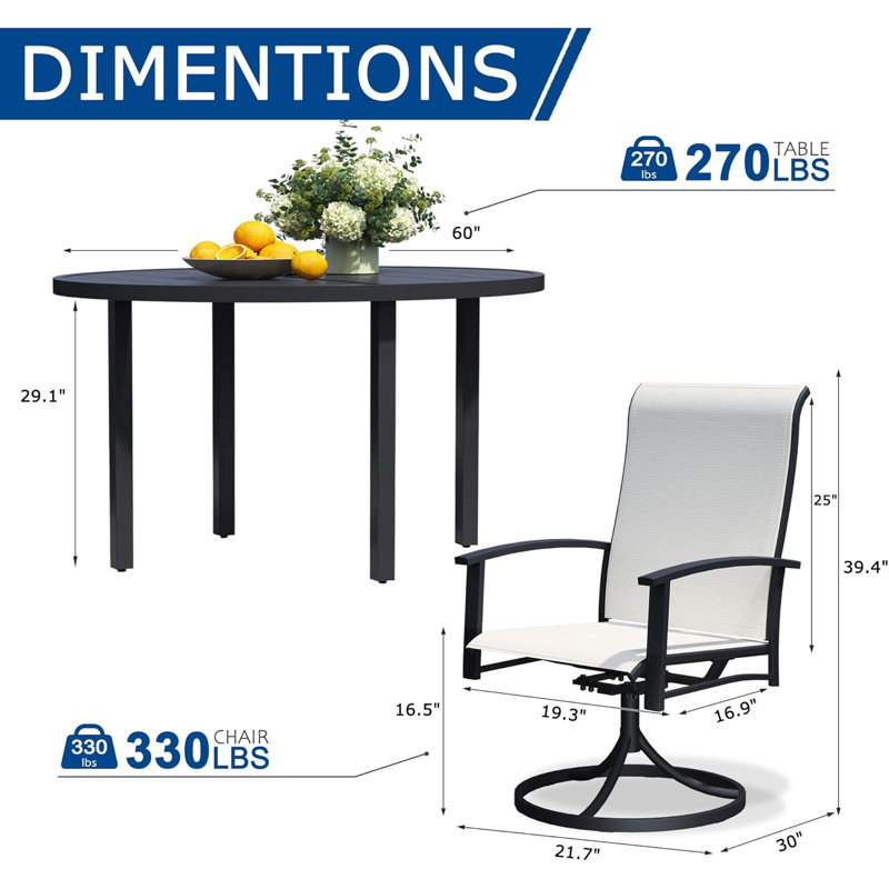 9-Piece Outdoor Dining Set For 8 – 60" Black Round Outdoor Table With Umbrella Hole & 8Patio Swivel Chairs, All-Weather Patio Furniture