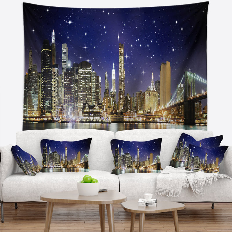 Paysage urbain de nuit sur la tapisserie du pont de brooklyn, H 68 po x l 80 po