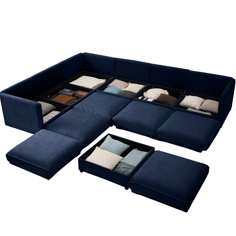 Grand canapé modulaire pour le salon - 6 places, rangement, chenille bleue, dossier cylindrique et accoudoir cylindrique en chenille