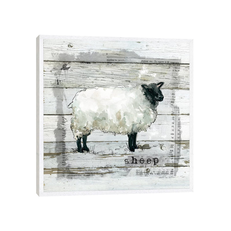 Farmhouse Collage Sheep by Carol Robinson - Painting on Canvas, White Framed, 66.04 cm H x 66.04 cm W
