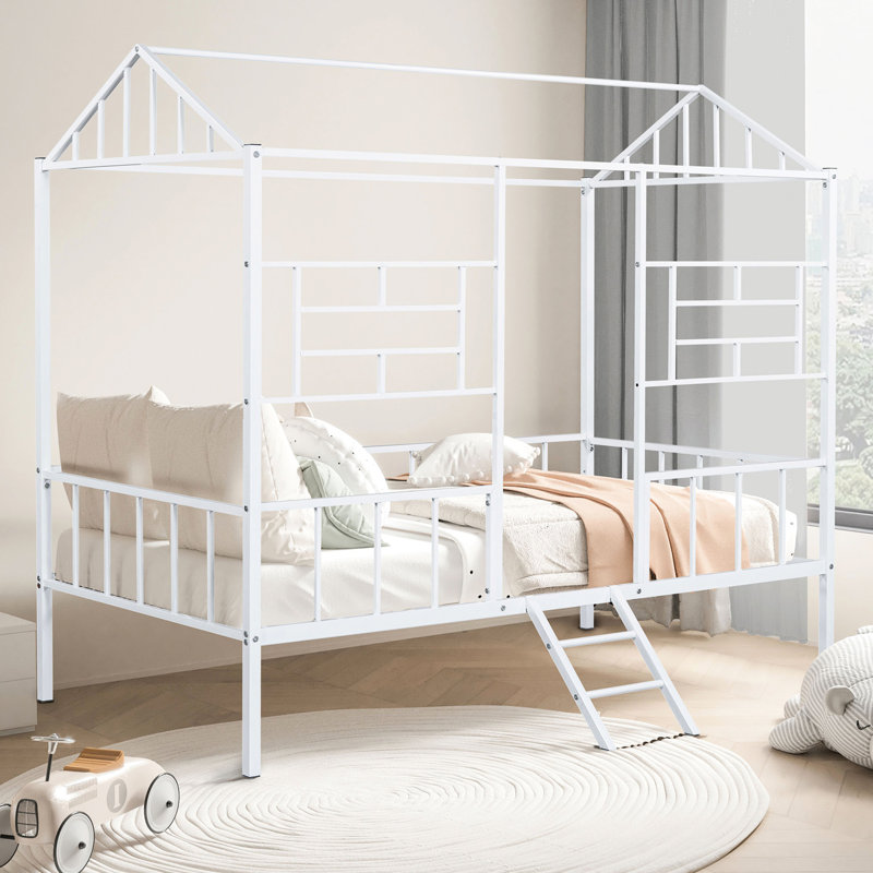 Lit superposé simple contemporain avec angle, conception de maison blanche, structure entièrement métallique, toit, idéal pour la chambre à coucher avec style, couleur, construction, structure de toit