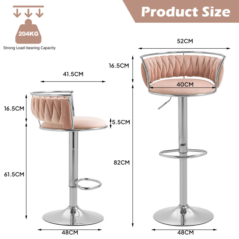Christal Height Adjustable Swivel Bar Stool, Pink, Silver