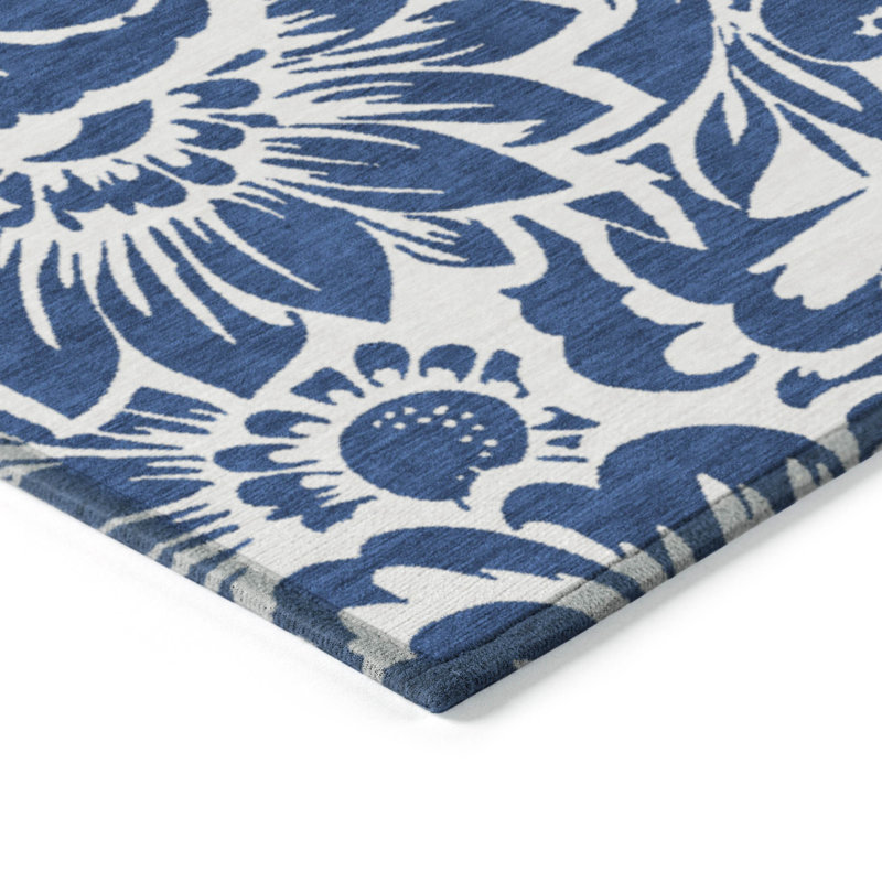 2' X 3' Navy and Ivory Floral Washable Non Skid Indoor Outdoor Area Rug