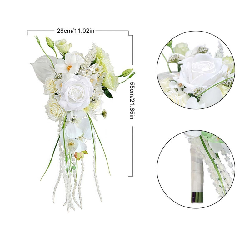 Bouquet de mariage en cascade bleu poussiéreux, bouquet de mariée cascade en soie avec fleurs d'orchidées, Blanc