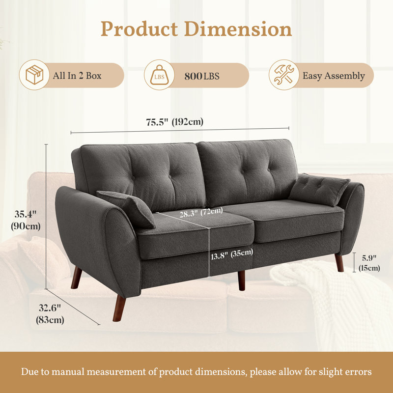 75.5"  Modern Style Upholstered LoveSeat Sofa, Gray