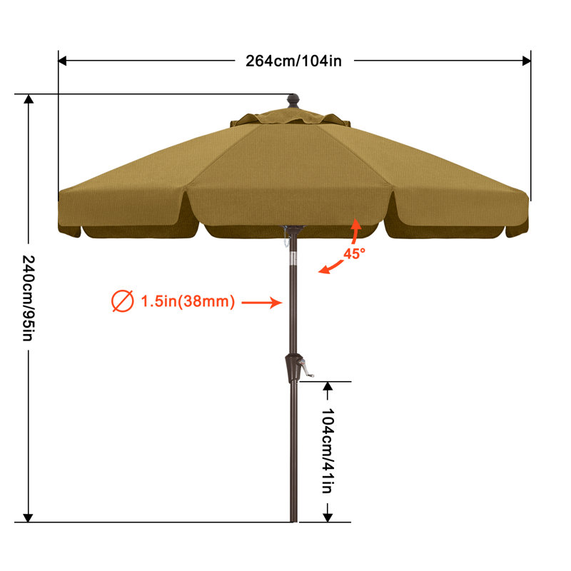 Parasol de marché en oléfine 9 'avec cantonnière festonnée, inclinaison et manivelle, Récolte brun clair