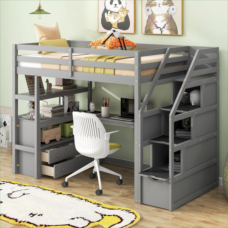 Lit mezzanine simple en pin massif de petite chambre avec bureau intégré et rangement intégré