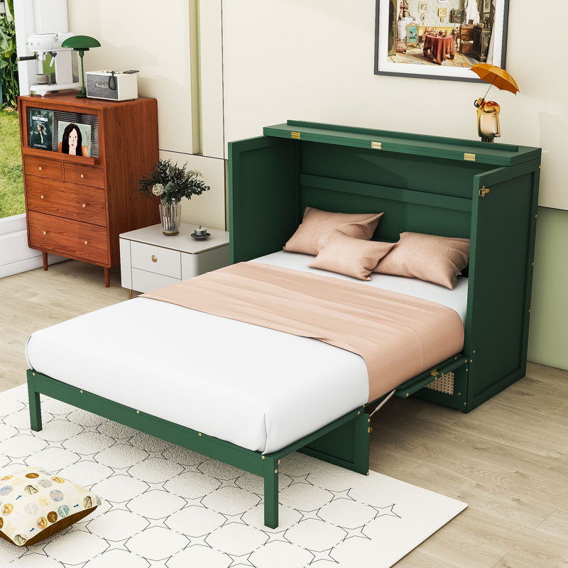 Lit escamotable en bois avec tiroirs, Double, Vert
