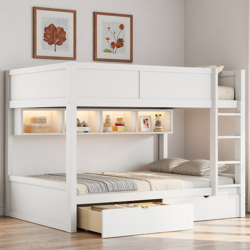 Lit superposé avec armoires de rangement, lumière à DEL et 2 tiroirs, Blanc