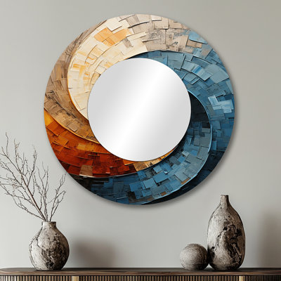 Collage en spirale - grand miroir abstrait en spirale, miroir mural rond bleu sarcelle, impression d'art en métal