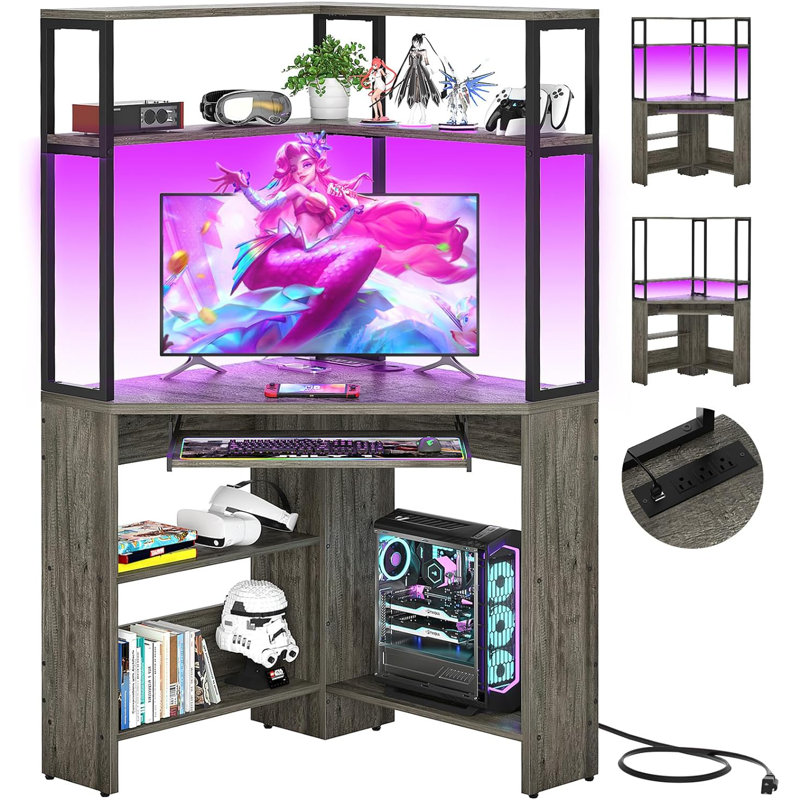 Meridel 29.5'' W Corner Computer Desk with Storage, Power Outlets and LED Lights, Grey