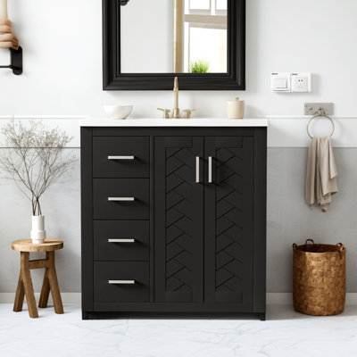 Ensemble de meuble-lavabo autoportant de 30 po avec cadre en bois massif et lavabo en céramique, 3 tiroirs et porte à fermeture en douceur, combinant rangement et fonctionnalité.