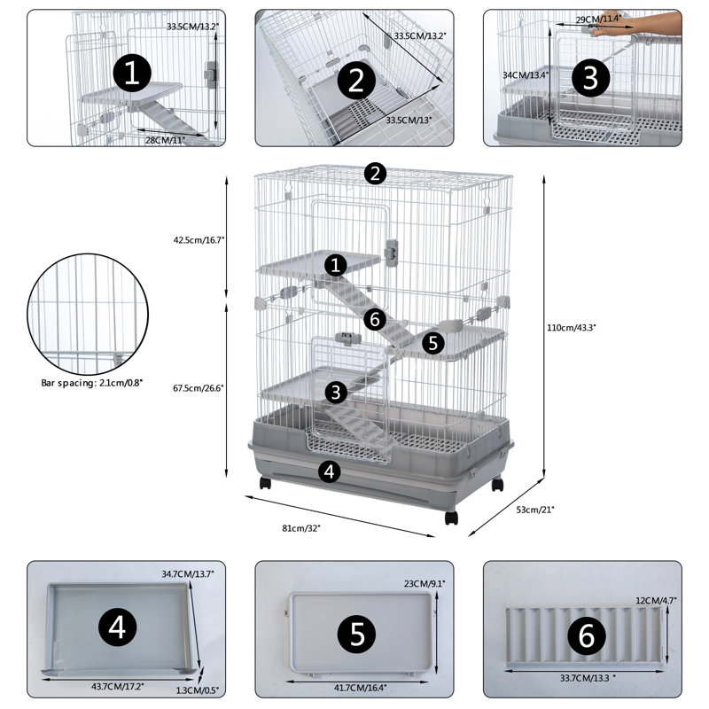 Cage avec rampe Ajaycia, H 43,3 po x l 32 po x P 21 po, Gris
