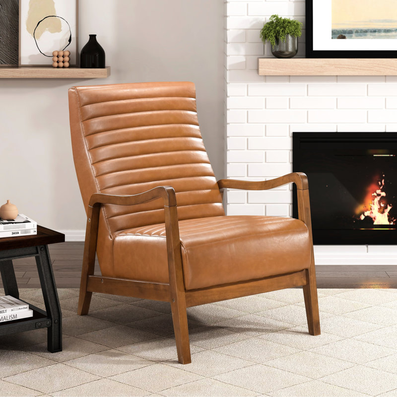 Chaise de salon moderne avec similicuir brun et siège d'appoint en bois d'hévéa massif